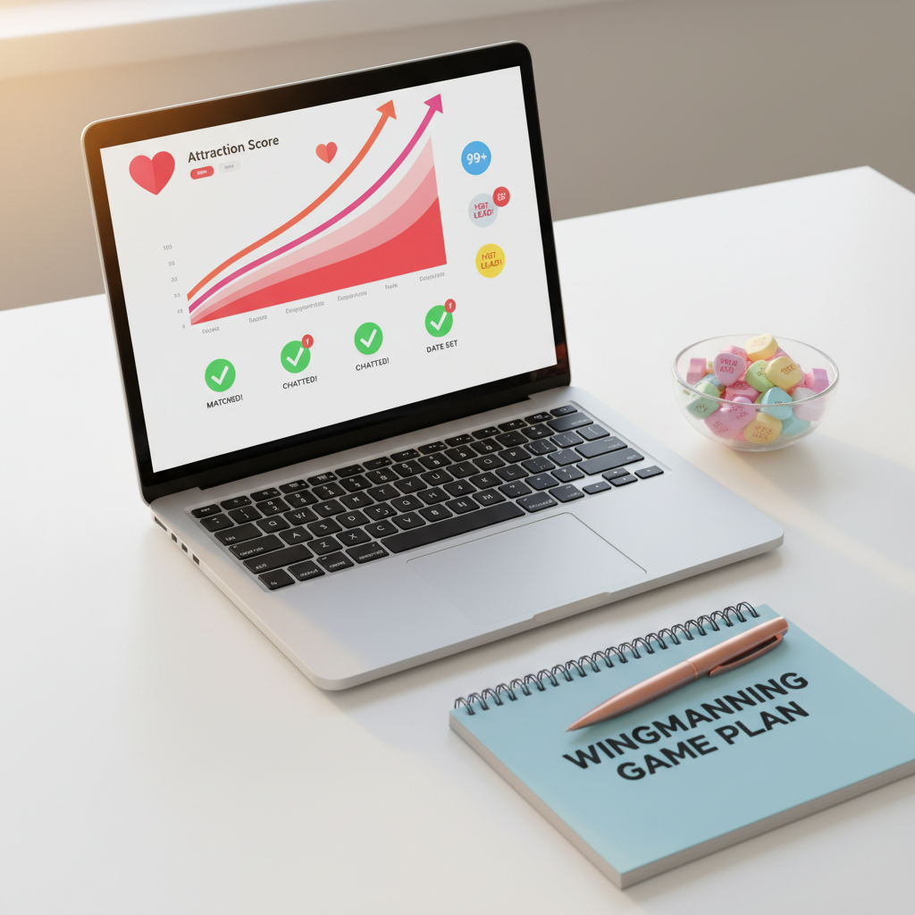 A glossy laptop open on a clean white desk, its screen filled with a colorful dashboard of dating success metrics: rising heart-shaped graphs, playful notification badges, and cheerful checkmarks indicating “Matched,” “Chatted,” and “Date Set.” Beside the laptop sits a small glass bowl overflowing with candy hearts printed with flirty phrases, and a metallic pen resting on a notepad titled “WingManning Game Plan.” Golden hour sunlight spills across the desk from the left, casting warm highlights on the laptop’s metallic edges and soft shadows of the candy hearts. Photographic realism at an eye-level angle, with the laptop centered using rule-of-thirds composition, creates a bright, optimistic, and slightly cheeky atmosphere that celebrates orchestrated online dating wins.
