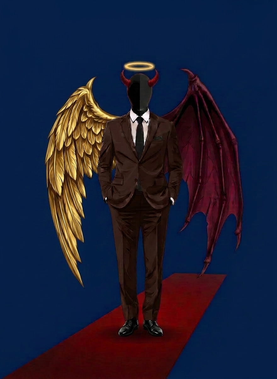 A stylish, modern illustration of a gentleman in a suit, standing confidently. One half of his body has a white angel wing and a glowing halo above that side of his head; the other half has a dark bat/devil wing with a horn on that side. The face is a solid black silhouette with no features, like an anonymous or unknown identity, against a clean, minimal background that fits a dating and matchmaking brand.