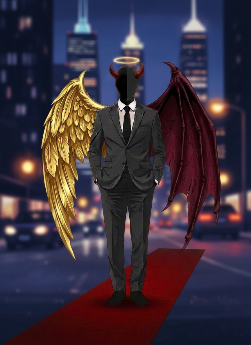 Edit this existing portrait illustration of a stylish, modern person so that the flat orange background is replaced with a subtle, upscale city nightlife scene—think blurred city lights and a sophisticated evening vibe—while keeping the main character, pose, and overall style the same.