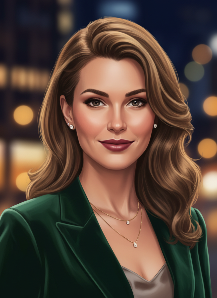A close-cropped, portrait-style illustration of an elegant, confident professional in their early 30s dressed for a high-end date night, with soft warm lighting and subtle upscale city nightlife bokeh in the background, in the same visual style as the existing WingManning artwork.