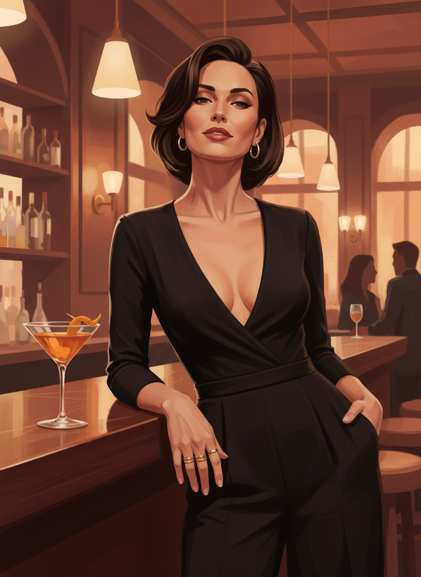 A close-up illustration of a stylish woman in her mid-30s in a sleek black outfit, looking relaxed and confident at an upscale cocktail lounge, with soft-focus bar lighting and a warm, romantic color palette, in the same visual style as the existing WingManning artwork.