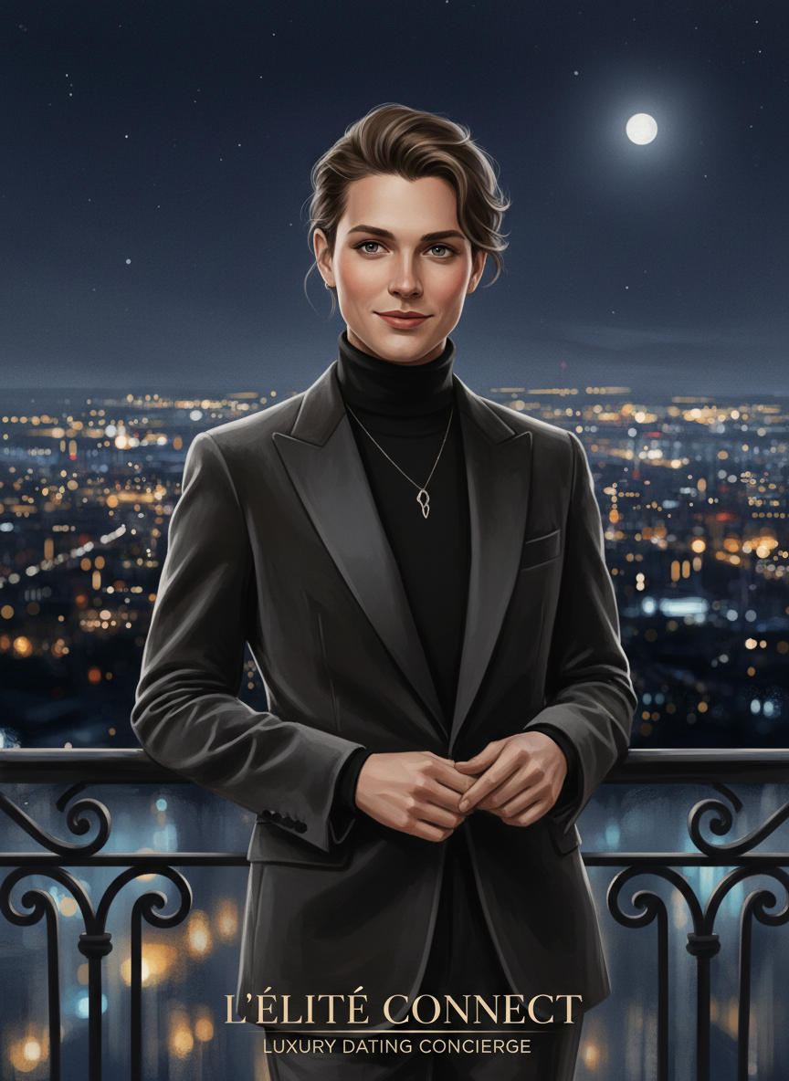 A sophisticated, gender-neutral portrait illustration of a person in their early 30s wearing a tailored blazer, softly smiling as they stand on a balcony overlooking a blurred, glowing city skyline at night, with a romantic, cinematic feel that fits a luxury dating concierge brand.