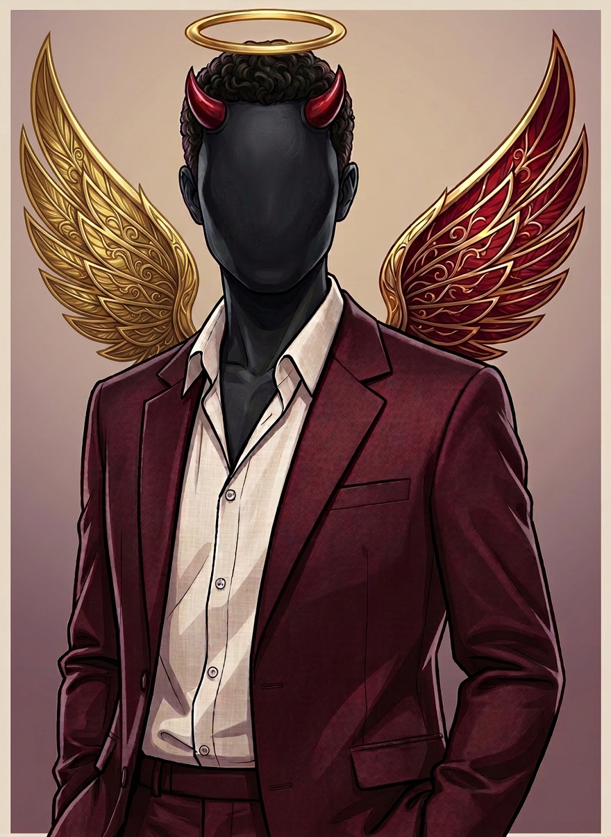 A close-cropped, 3:4 portrait illustration of a sophisticated, gender-neutral gentleman in their early 30s, wearing a sharp, modern blazer and open-collar shirt. Behind their right shoulder, a luminous gold and red wing motif arcs upward, echoing the WingManning brand icon. The overall palette is warm and premium (deep reds, golds, and soft neutrals) with a clean, uncluttered background. The style should closely match the existing WingManning testimonial illustration: smooth gradients, subtle line work, and a polished, editorial feel suitable for a dating concierge brand.