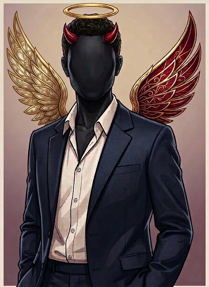 A close-cropped, 3:4 portrait illustration of a sophisticated, gender-neutral gentleman in their early 30s, wearing a sharp, modern blazer and open-collar shirt. Behind their right shoulder, a luminous gold and red wing motif arcs upward, echoing the WingManning brand icon. The overall palette is warm and premium (deep reds, golds, and soft neutrals) with a clean, uncluttered background. The style should closely match the existing WingManning testimonial illustration: smooth gradients, subtle line work, and a polished, editorial feel suitable for a dating concierge brand.
