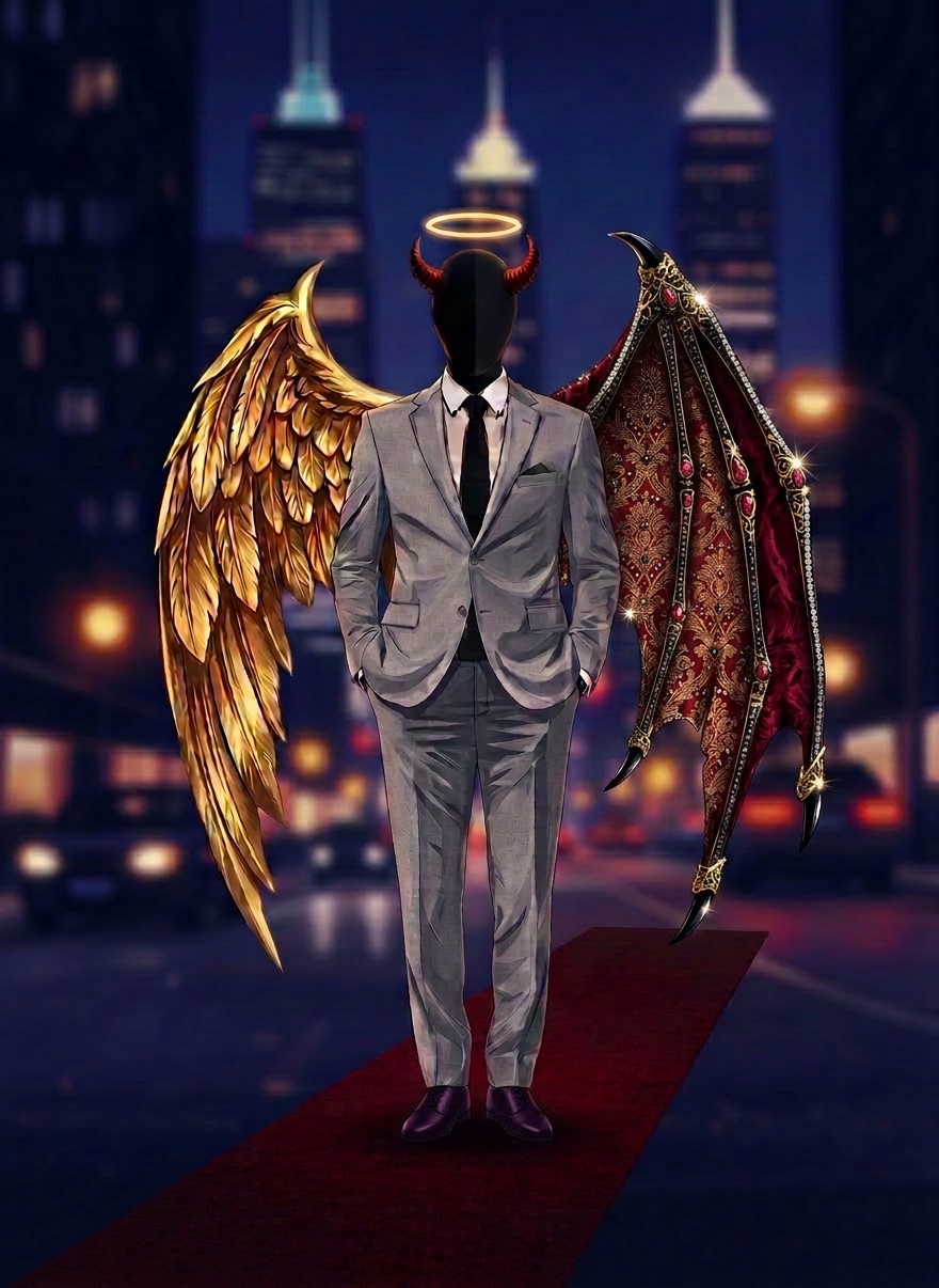 Edit this existing portrait illustration of a stylish, modern person so that the flat orange background is replaced with a subtle, upscale city nightlife scene—think blurred city lights and a sophisticated evening vibe—while keeping the main character, pose, and overall style the same.